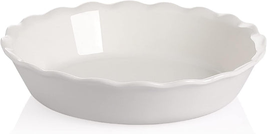 Sweejar Ceramic Pie Pan - 10 Inch Round Baking Dish for Dinner, Non-Stick with Soft Wave Edge for Apple, Pumpkin and Pot Pies (White)