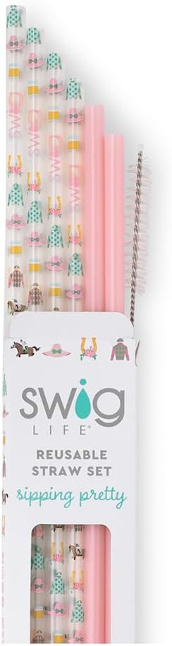 Swig Life Reusable Straws Derby Day + Blush Tall Straw Set & Cleaning Brush, Each Straw is 10.25 inch Long (Fits Swig Life 20oz Tumblers, 22oz, and 32oz Tumblers)