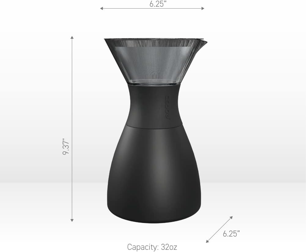 asobu Insulated Pour Over Coffee Maker (32 oz.) Double-Wall Vacuum, Stainless-Steel Filter and Take on the Go Carafe (Smoke)