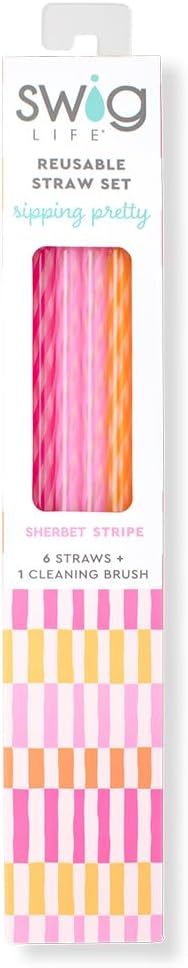 Swig Life Reusable Straws Sherbert Stripe Tall Straw Set & Cleaning Brush, Each Straw is 10.25 inch Long (Fits Swig Life 20oz, 22oz, and 32oz Tumblers)