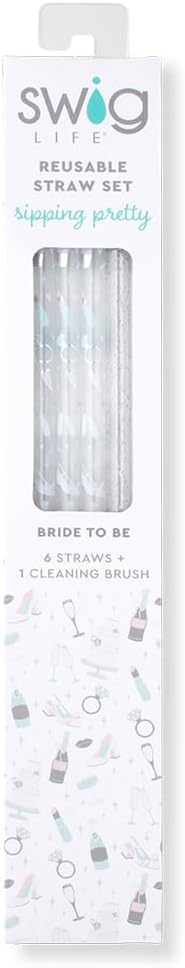 Swig Life Reusable Straws Bride to Be + Silver Glitter Tall Straw Set & Cleaning Brush, Each Straw is 10.25 inch Long (Fits Swig Life 20oz Tumblers, 22oz, and 32oz Tumblers)