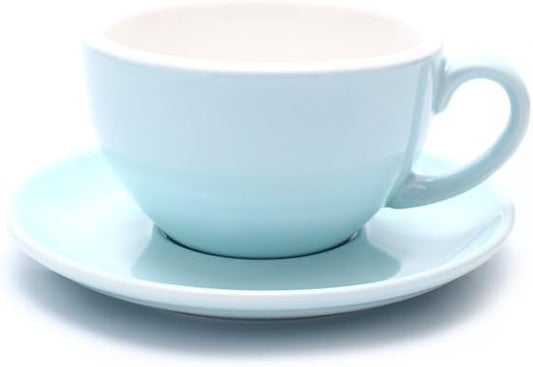 Latte Art Cup and Saucer for Latte & Cappuccino, Great Cup Shape for Coffee Shop and Barista, Ceramic (Glossy Light Blue, 10.5 oz)
