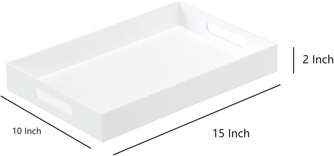 Glossy White Sturdy Acrylic Serving Tray with Handles-10x15Inch-Serving Coffee,Appetizer,Breakfast,Butler-Kitchen Countertop Tray-Makeup Drawer Organizer-Vanity Table,Ottoman Tray-Decorative