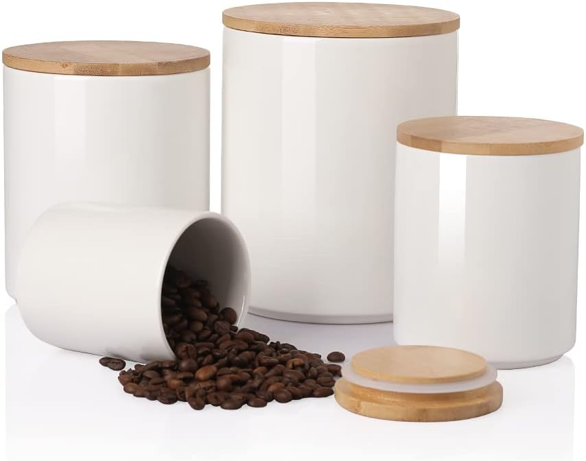Sweejar Ceramic Canisters Set, Food Storage Jars with Airtight Seal Bamboo Lid, Stackable Containers for Kitchen Counter, Ground Coffee, Flour, Sugar, Cookie, Dog Treats, Candy, Pack of 4 (White)