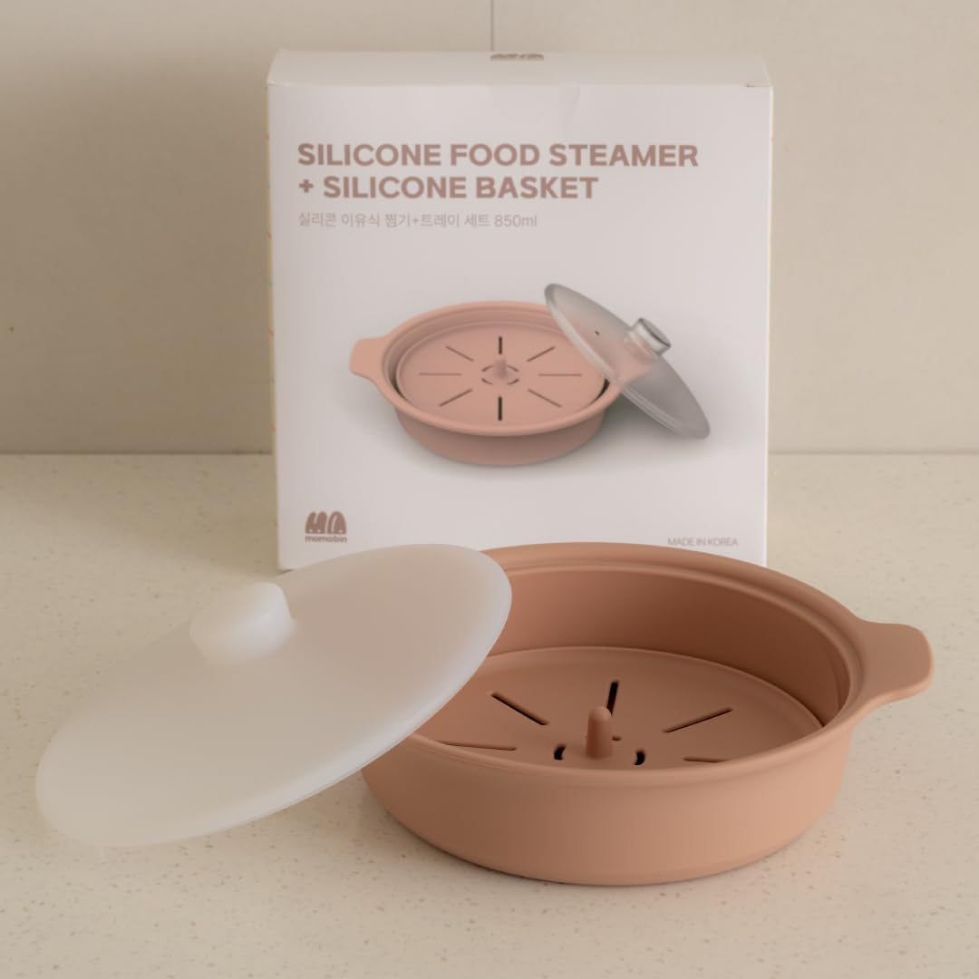 Microwave Silicone Steamer for Baby Food, Made In Korea, Oven & Dishwasher Safe to 482°F, Easy Clean, Microwave Pot with Handle & Lid, 100% Food Grade Steamer Bowl (Terracotta Rose, 29oz (850ml) with basket)