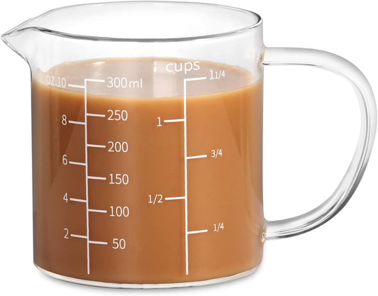 77L Glass Measuring Cup, Clear Liquid Measuring Cup with V-Shaped Spout and Three Scales, High Borosilicate Glass Beaker with Handle for Kitchen or Restaurant, 300 ML (0.3 Liter, 1 1/4 Cup)