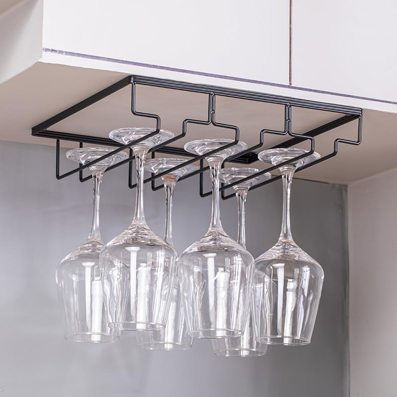 Wine Cup Holder Table Decoration Storage Hanger Metal Organizer for Bar Kitchen Stemware Rack Under Cabinet Stainless Steel Hanger Storage Shelf Black (Black, 3 Rows 2 Packs)