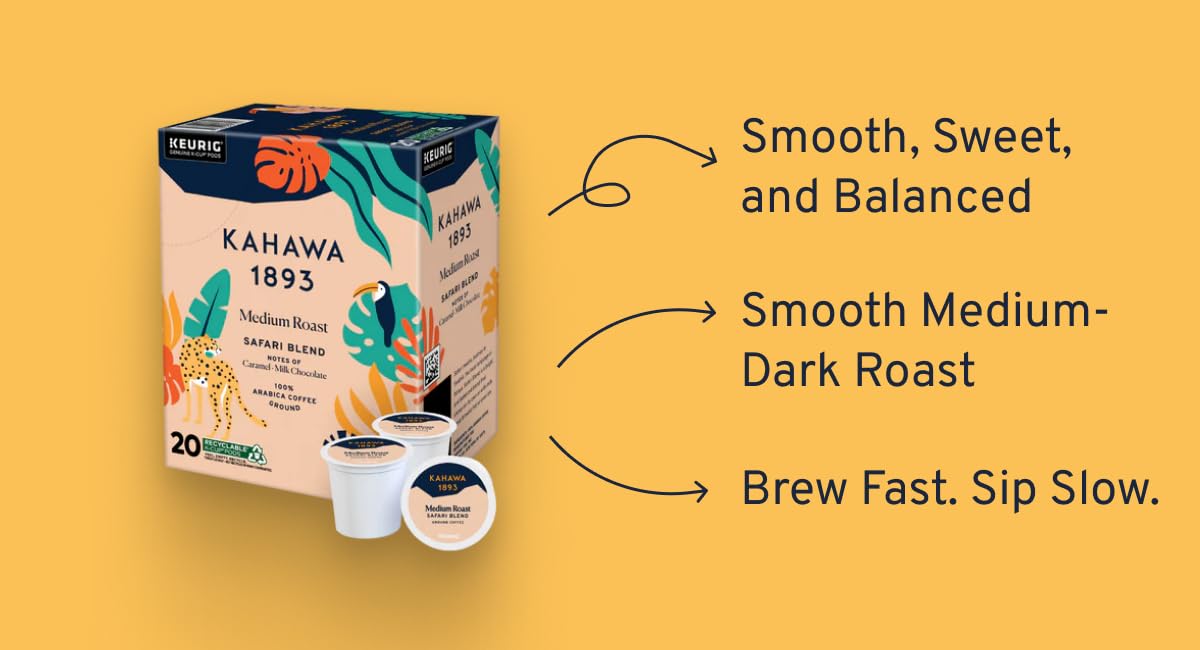 Kahawa 1893 Medium Roast Coffee K-Cup Pods Safari Blend (20 Count) - As Seen on Shark Tank, High Antioxidants, Naturally Sweet, Organically Grown & Cultivated, Ethically & Sustainably Sourced