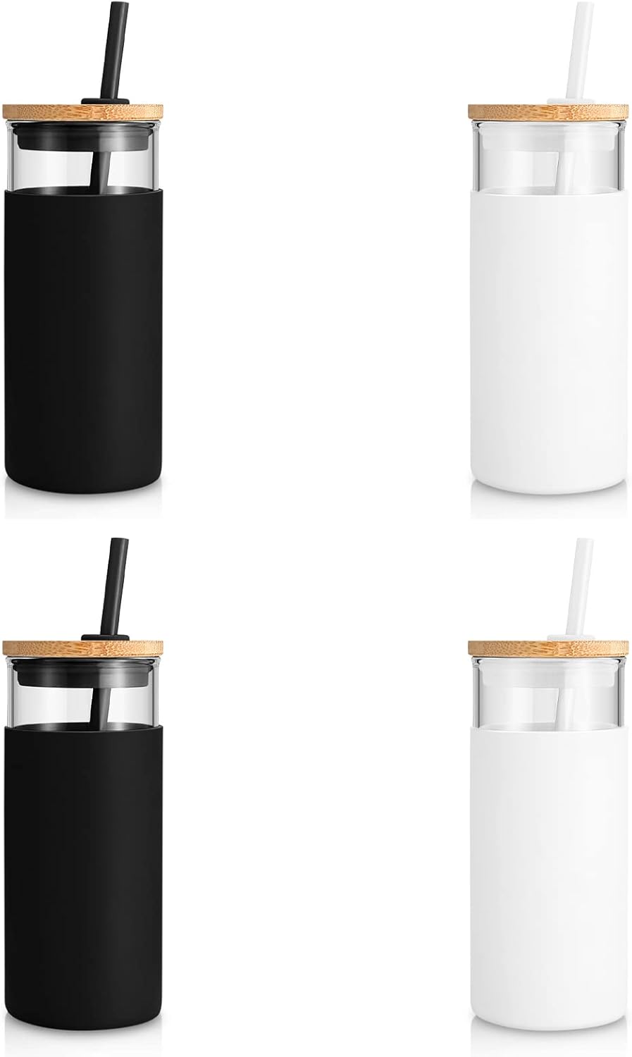 Tronco 20 oz Glass Tumbler Glass Water Bottle Straw Silicone Protective Sleeve Bamboo Lid - BPA Free - Black White/ 4 Pack