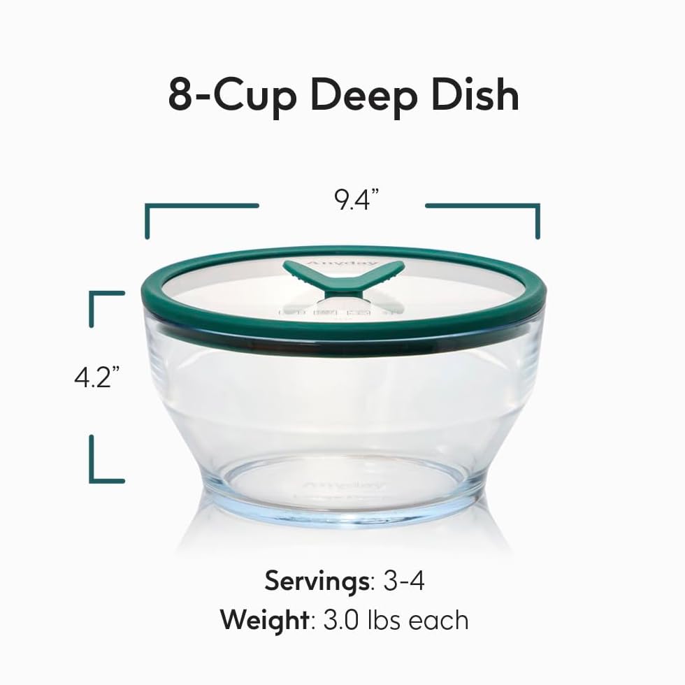 Anyday 8-Cup Glass Food Storage with Glass Lid, Round Deep Dish | Plastic-Free Meal Prep & Microwave Cookware | Stackable Airtight Storage Container with Vented Lid for Microwave-Safe Reheating