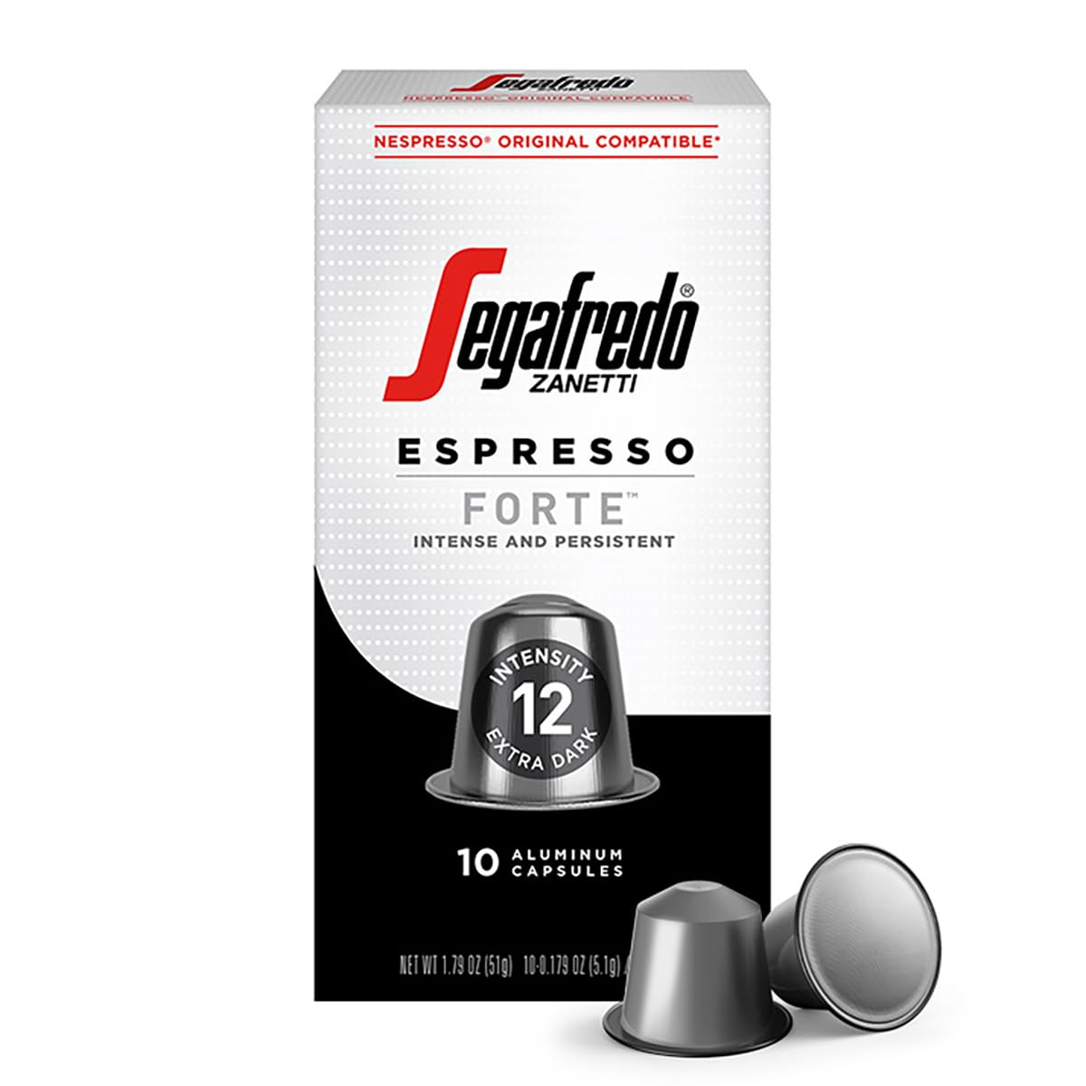 Segafredo Zanetti Espresso Capsules – Aluminum Pods for Nespresso Original Machines – Extra Dark Roast Premium Espresso with a Bold Aroma – Smoky, Intensity 12 – Forte, 10 Count