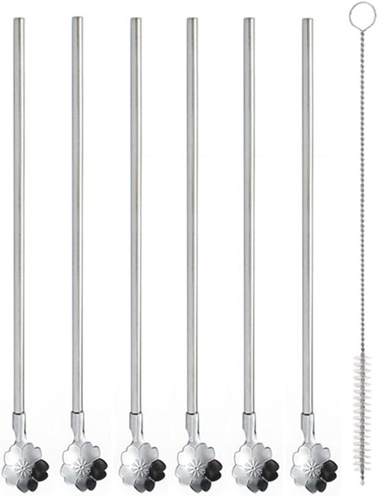 Reusable Stainless Steel Long Handle Straws Spoon, 6 Pieces 8.6", with 1 Cleaning Brushes (flower)