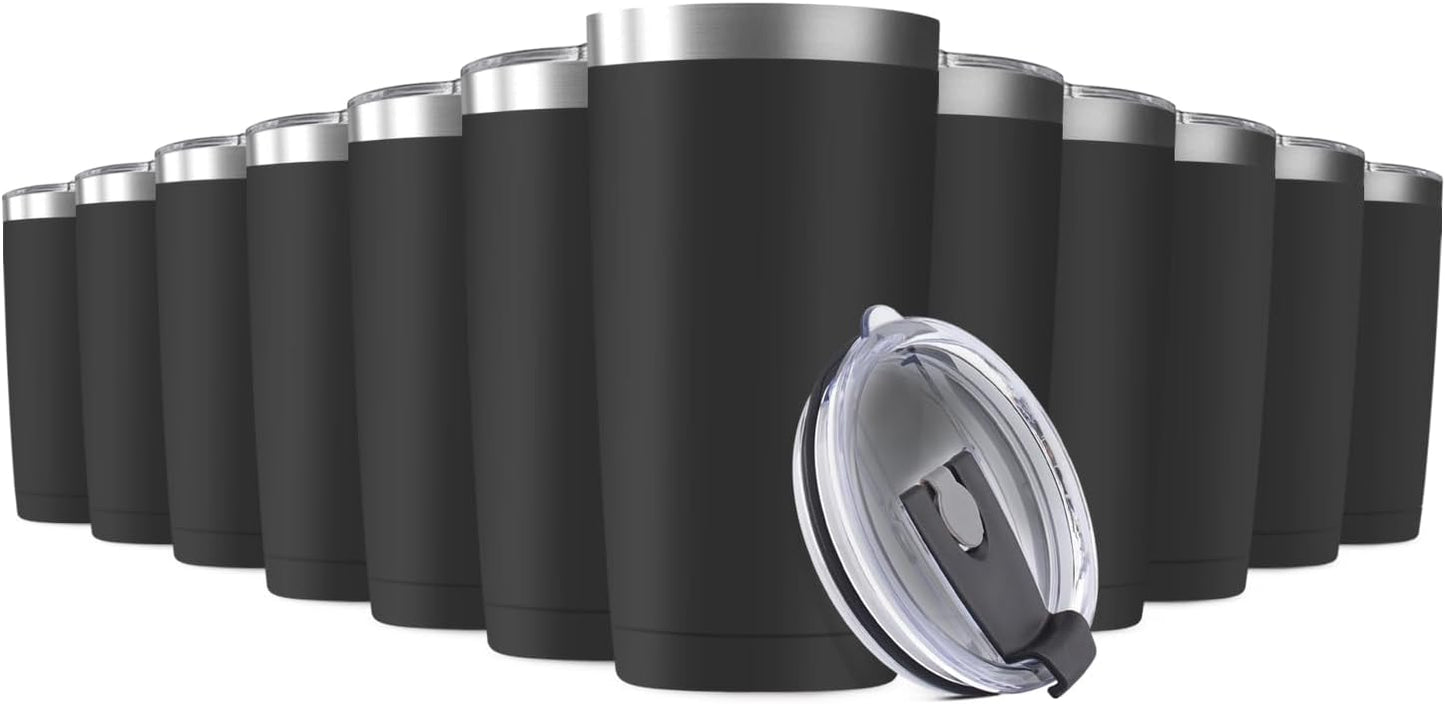 12Pack 20oz Tumbler Vacuum Insulated Travel Mug with Lids, Stainless Steel Double Wall Bulk Cup for Home, Office, Outdoor Suitable for Vehicle Cup Holders （Black）