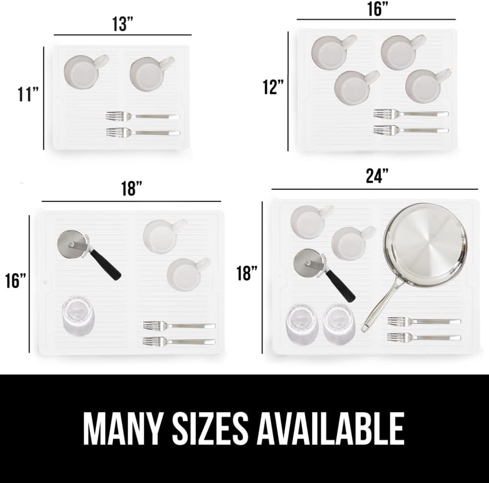 GORILLA GRIP 100% BPA-Free Patented Silicone Dish Drying Mat for Kitchen Counter, 18x16 Inch, Water Catching Ribbed Design, Easy Clean Waterproof Sink Liner, Heat Resistant, Fits Under Rack, White