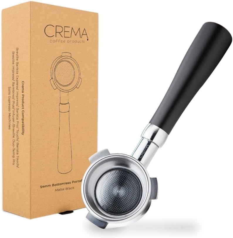 Crema Coffee Products 54mm Bottomless Naked Portafilter | Compatible with 54mm Breville Machines | Includes Double Shot Filter Basket | Matte Black