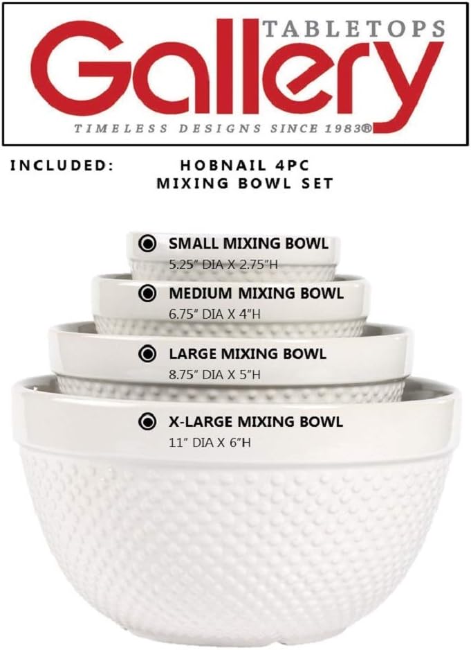 TTU Tabletops Gallery Hobnail Style 4 Piece Classic White Stoneware Nesting Mixing Bowl Set for Baking and Cooking