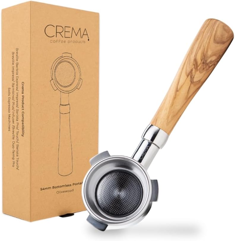 Crema Coffee Products 54mm Bottomless Naked Portafilter | Compatible with 54mm Breville Machines | Includes Double Shot Filter Basket | Olivewood