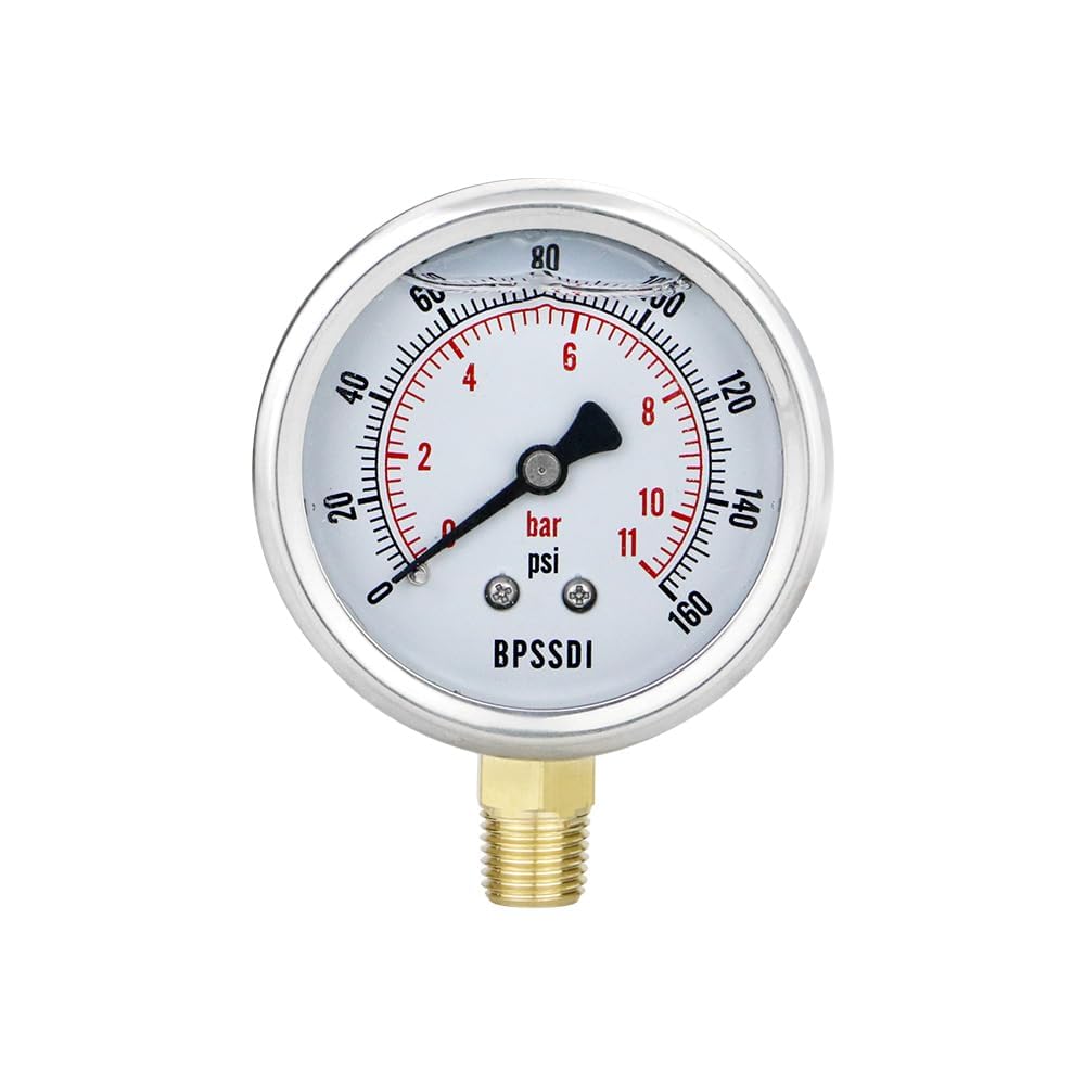 0-160 Psi Glycerin Liquid Filled Low Pressure Gauge, 2.5" Dial Size, 1/4" NPT Lower Mount, 304 Stainless Steel Case, for Water Pump, Pneumatic Air, RV Hose, Gas Pressure Test