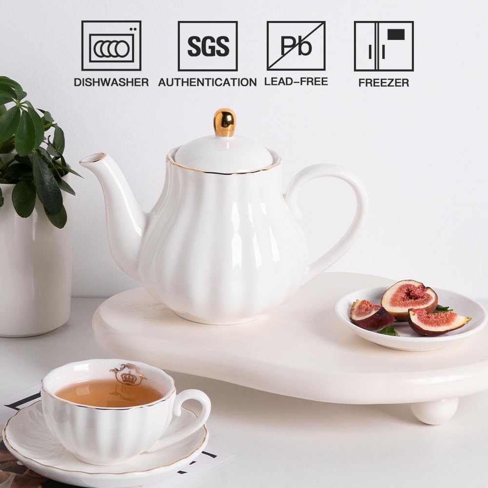 Sweejar Royal Teapot, Ceramic Tea Pot with Removable Stainless Steel Infuser, Blooming & Loose Leaf Teapot - 40 Ounce (White)