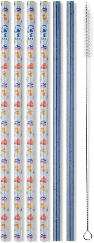 Swig Life Reusable Straws Snow Day + Blue Glitter Tall Straw Set & Cleaning Brush, Each Straw is 10.25 inch Long (Fits Swig Life 20oz Tumblers, 22oz, and 32oz Tumblers)