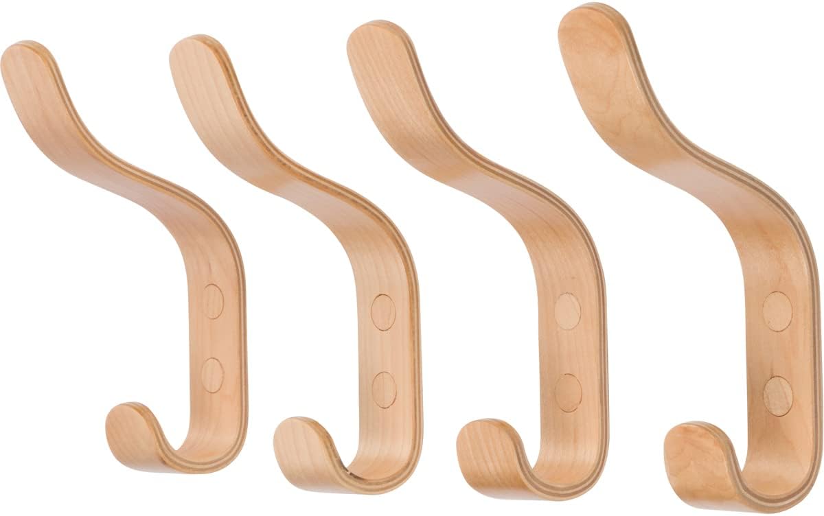 Plywood Wall Hooks Set of 4 Wood Coat Rack Hanging Clothes Hats Robes Towels (Maple)