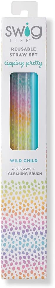 Swig Life Reusable Straws Wild Child + Aqua Tall Straw Set & Cleaning Brush, Each Straw is 10.25 inch Long (Fits Swig Life 20oz Tumblers, 22oz, and 32oz Tumblers)