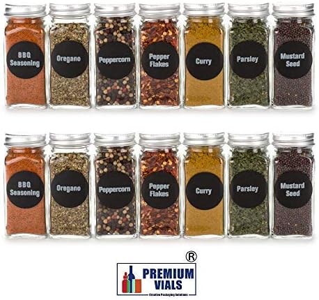 6oz, BEST VALUE 14 Large Glass Spice Jars includes pre-printed 126 Chalkboard Spice Labels plus 113 PVC Clear Labels. 14 Square Empty Jars, Airtight Cap, kitchen Funnel Pour/Sift Shakers
