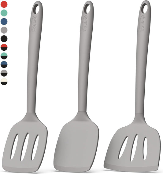 Coukre Silicone Spatula Set of 3, High Heat Resistant, BPA-Free, Kitchen Utensils, Fish Spatula, Solid & Slotted Turner for Non-Stick Pans, Flipping Eggs, Pancakes, Fish, Burgers (3, PureGray)