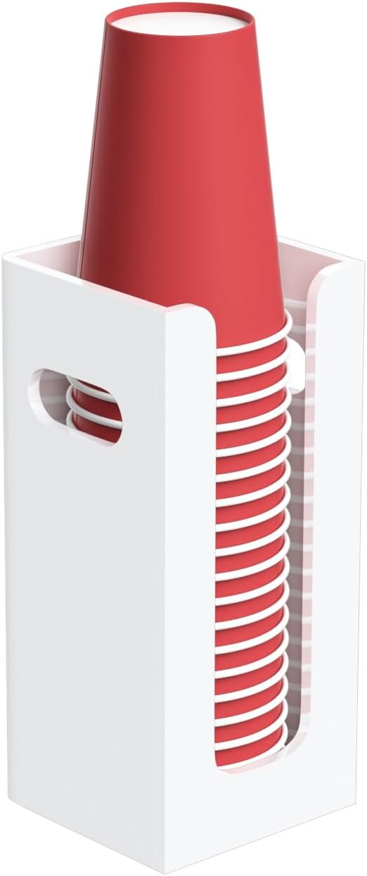 Disposable Coffee Cup Dispenser with Handles, Countertop or Wall Mount Hot/Cold Drink Cup and Lid Holder - Bathroom/Kitchen/Office Acrylic Cup Lid Storage Organizer (1 Compartment, White)