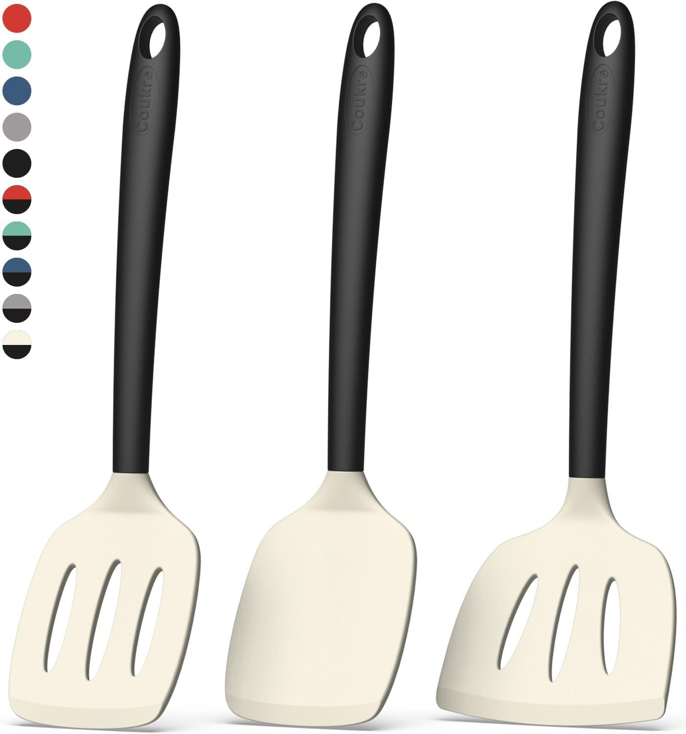 Coukre Silicone Spatula Set of 3, High Heat Resistant, BPA-Free, Kitchen Utensils, Fish Spatula, Solid & Slotted Turner for Non-Stick Pans, Flipping Eggs, Pancakes, Fish, Burgers (3, Beige)