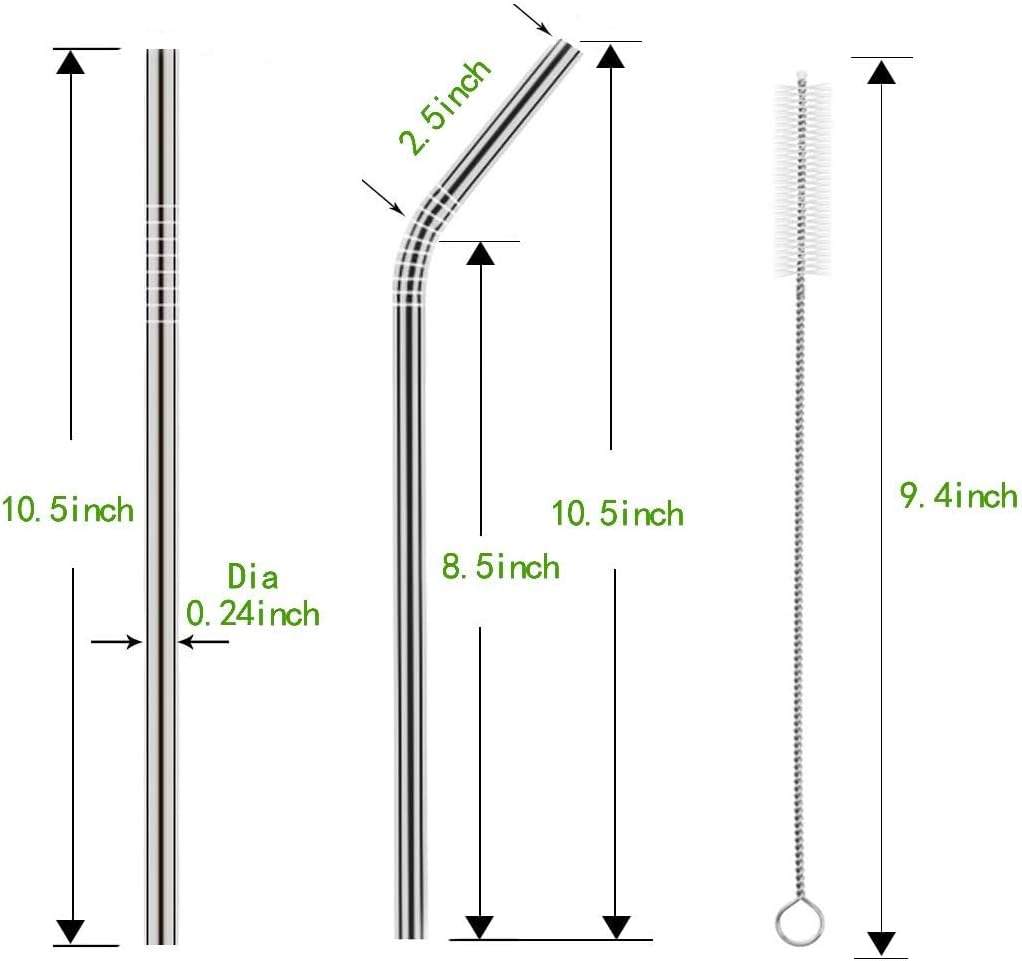 Set of 10 Stainless Steel Straws, HuaQi Bent Reusable Drinking Straws 10.5'' Long 0.24‘’ Dia for 30 oz Tumbler and 20 oz Tumbler, 2 Cleaning Brush Included