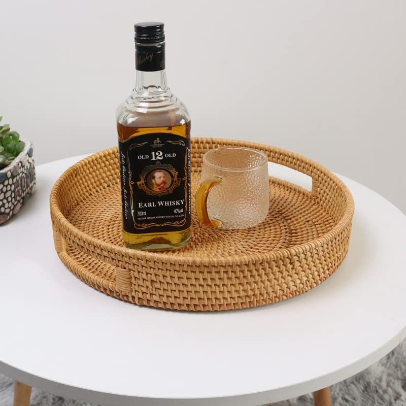 Coffee Table Tray Round Rattan Ottoman Tray Woven Serving Trays with Handles for Home and Kitchen Decorative Natural (Large 14 inch x 2.8 inch)