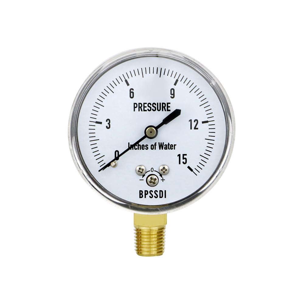 0-15 Inches of Water Column Gauge, Low Pressure Gauge, Capsule Gauge, 304 Stainless Steel Case, 2.5" Dial Size, 1/4" NPT Lower Mount, Zero Adjustment, for Air Water Gas Pressure Test