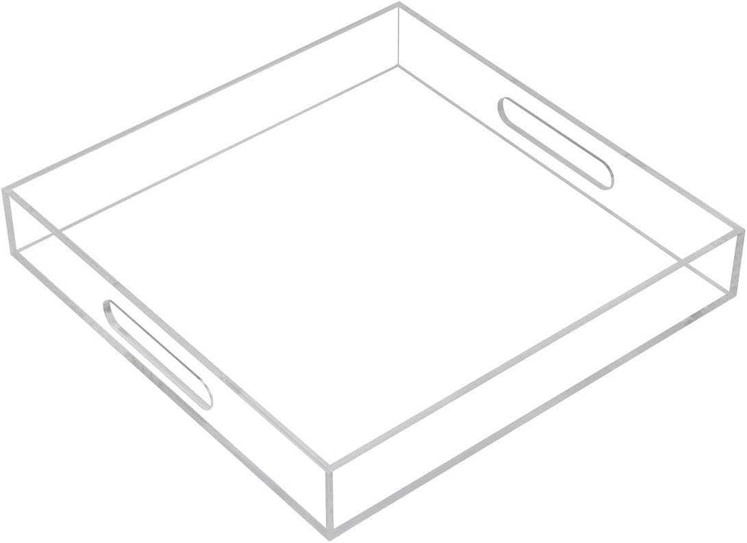 Clear Sturdy Acrylic Serving Tray with Handles - 12x12Inch - Coffee, Appetizer, Breakfast, Butler Tray - Kitchen Countertop & Makeup Drawer Organizer