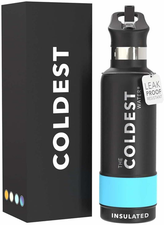 Coldest Insulated Water Bottle with Straw Lid - Stainless Steel Metal Insulated Bottle for Men & Women (Matte Black, 21 oz)