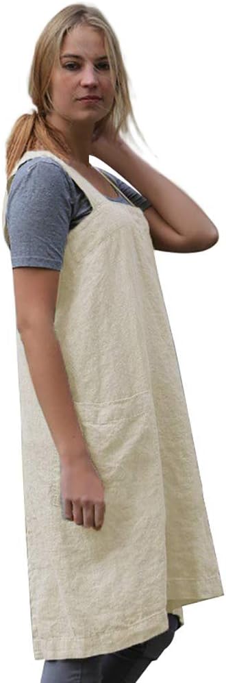 Women's Pinafore Square Apron Baking Cooking Gardening Works Cross Back Cotton/Linen Blend Dress with 2 Pockets