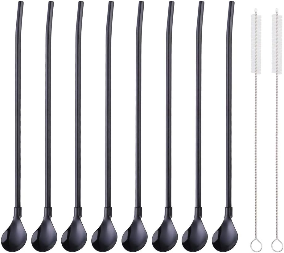 Straws, 8-Piece 8.5inch Black 18/8(304) Stainless Steel Reusable Straws + 2 Brushes
