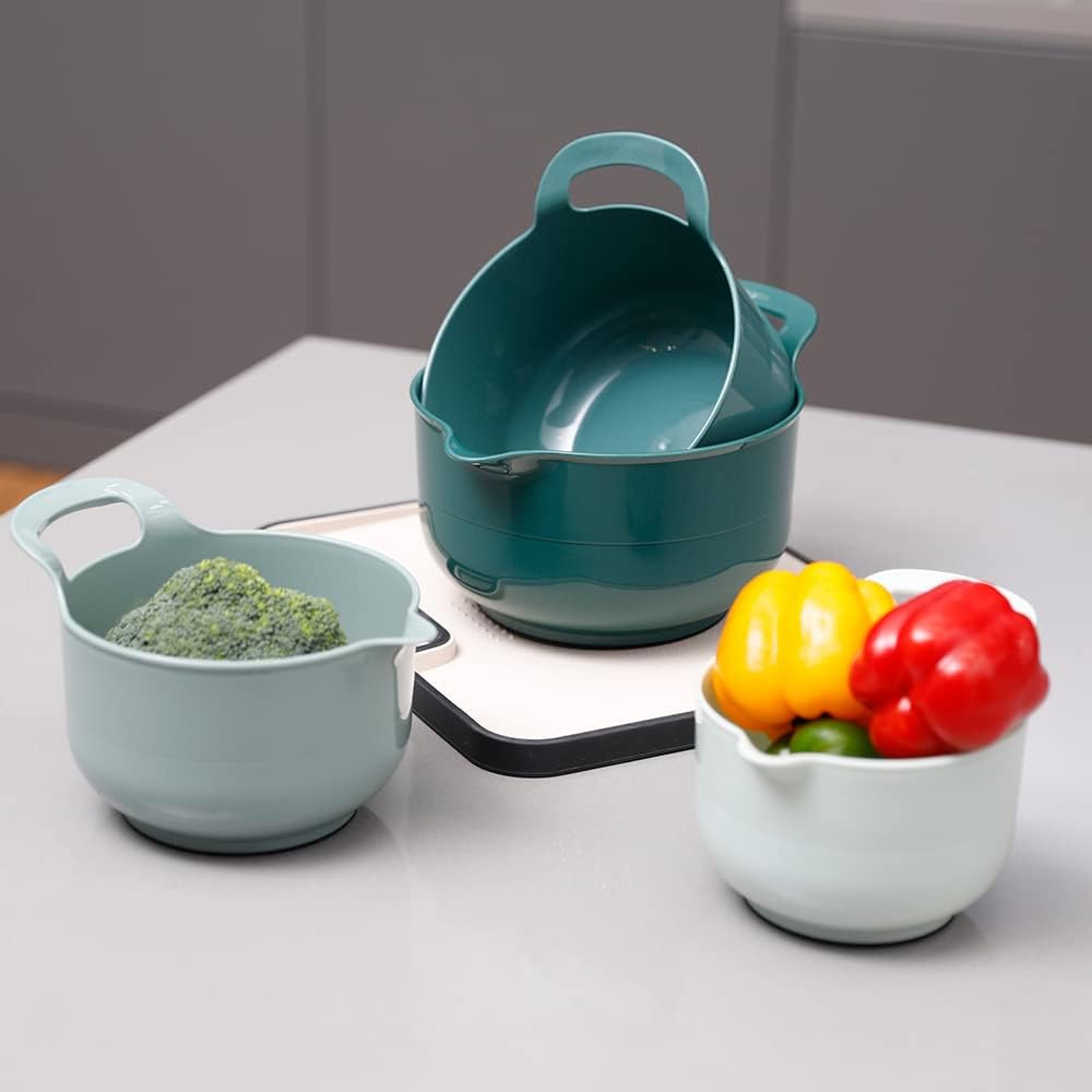 BoxedHome 4 Pack Nesting Mixing Bowl with Pour Spout and Handle, BPA free Microwave & Dishwasher Safe(Green, 4 Pack with Handle)