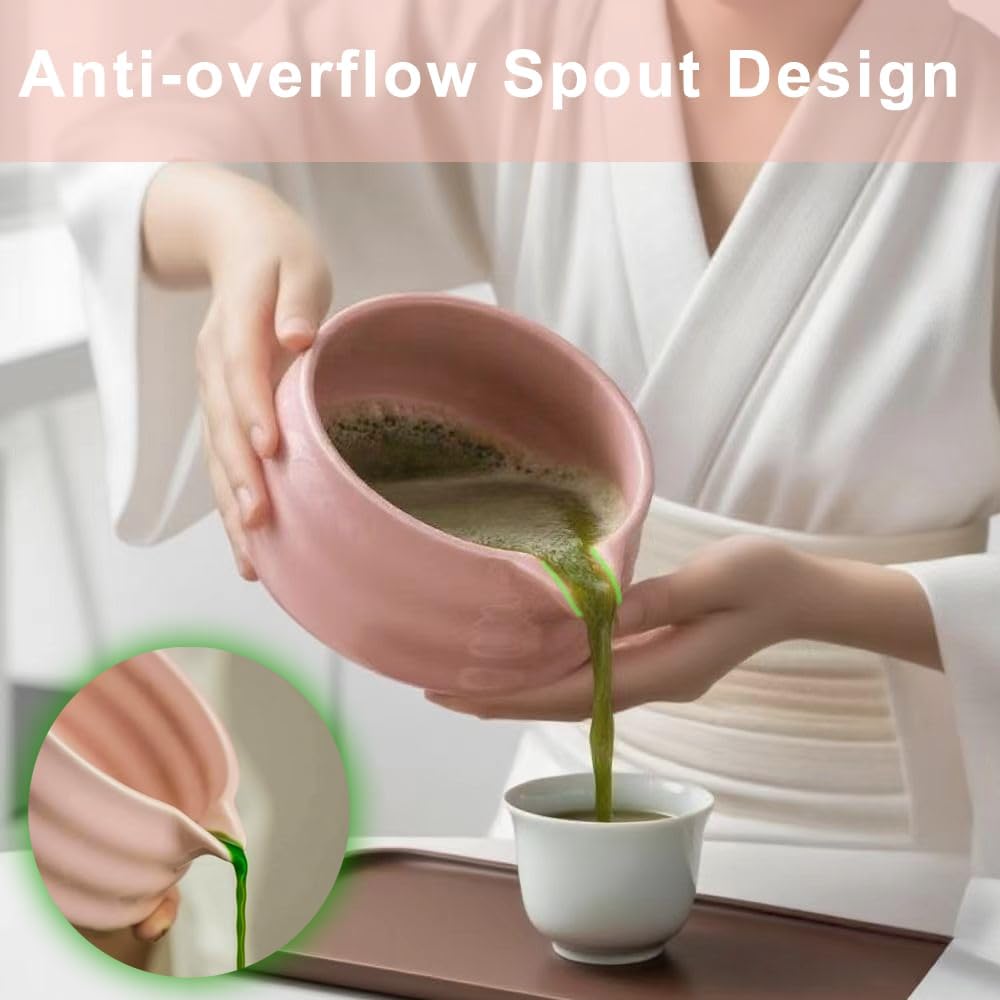 Cute Pink Matcha Whisk Set of 5 for Matcha Tea,Matcha Powder Kit（Bowl with Spout+bamboo Whisk and Holder+Strainer+Scoop）for Macha Starter Making Tools with Small Sifter Sieve Mixer Wisk Chasen Chawan