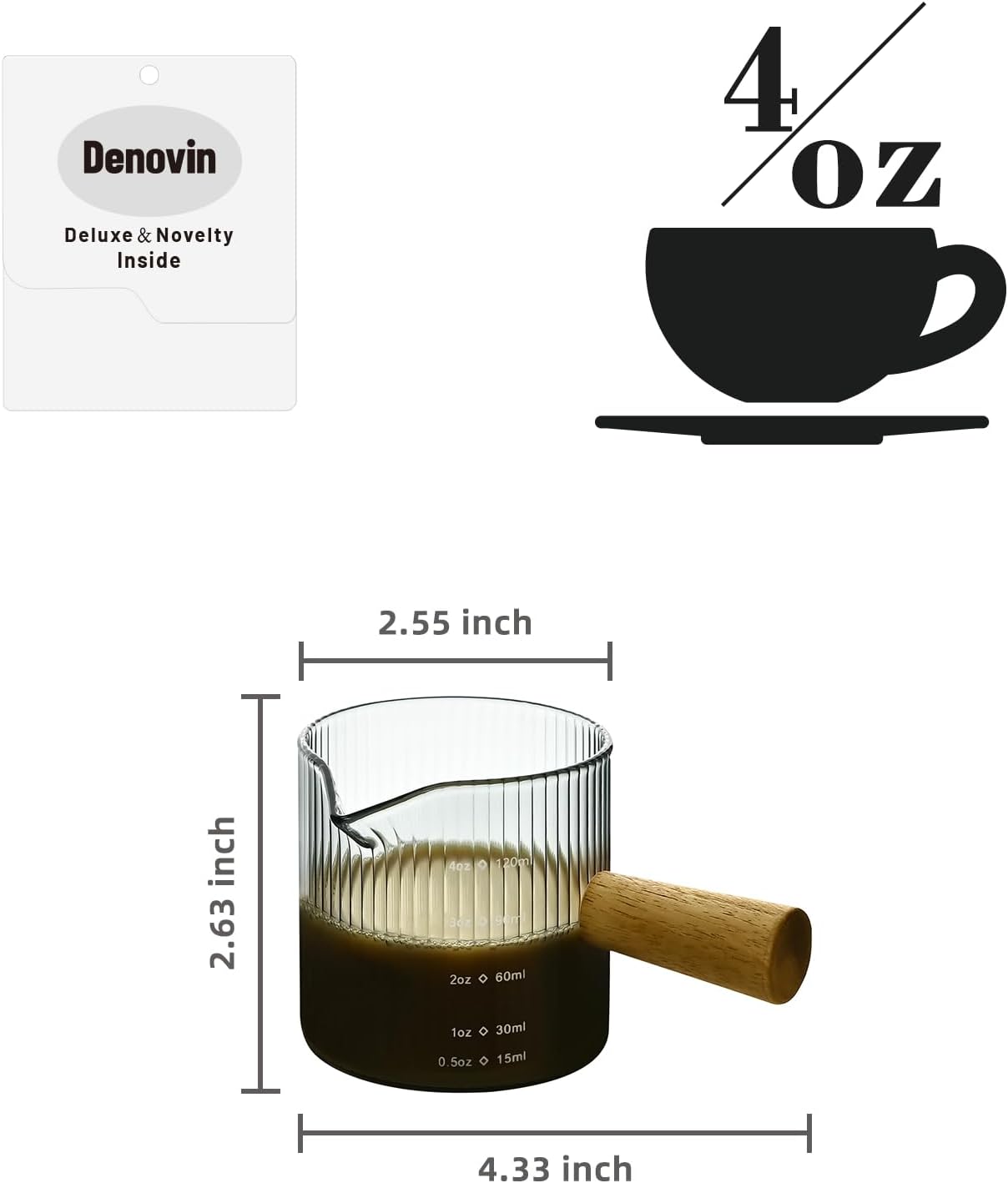Glass Measuring Cup, 4oz Espresso Shot Glass with Wood Handle, Single Spout Measuring Triple Pitcher Milk Cup for Coffee Tea (Gray Ribbed）