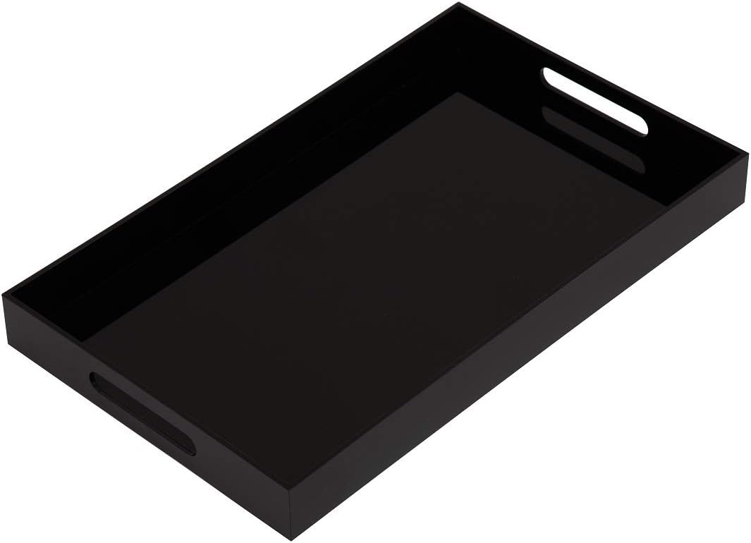 Glossy Black Sturdy Acrylic Serving Tray with Handles-12x20Inch-Serving Coffee,Appetizer,Breakfast,Butler-Kitchen Countertop Makeup Drawer Organizer-Vanity Table Ottoman Decorative Tray