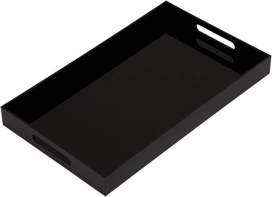 Glossy Black Sturdy Acrylic Serving Tray with Handles-12x20Inch-Serving Coffee,Appetizer,Breakfast,Butler-Kitchen Countertop Makeup Drawer Organizer-Vanity Table Ottoman Decorative Tray