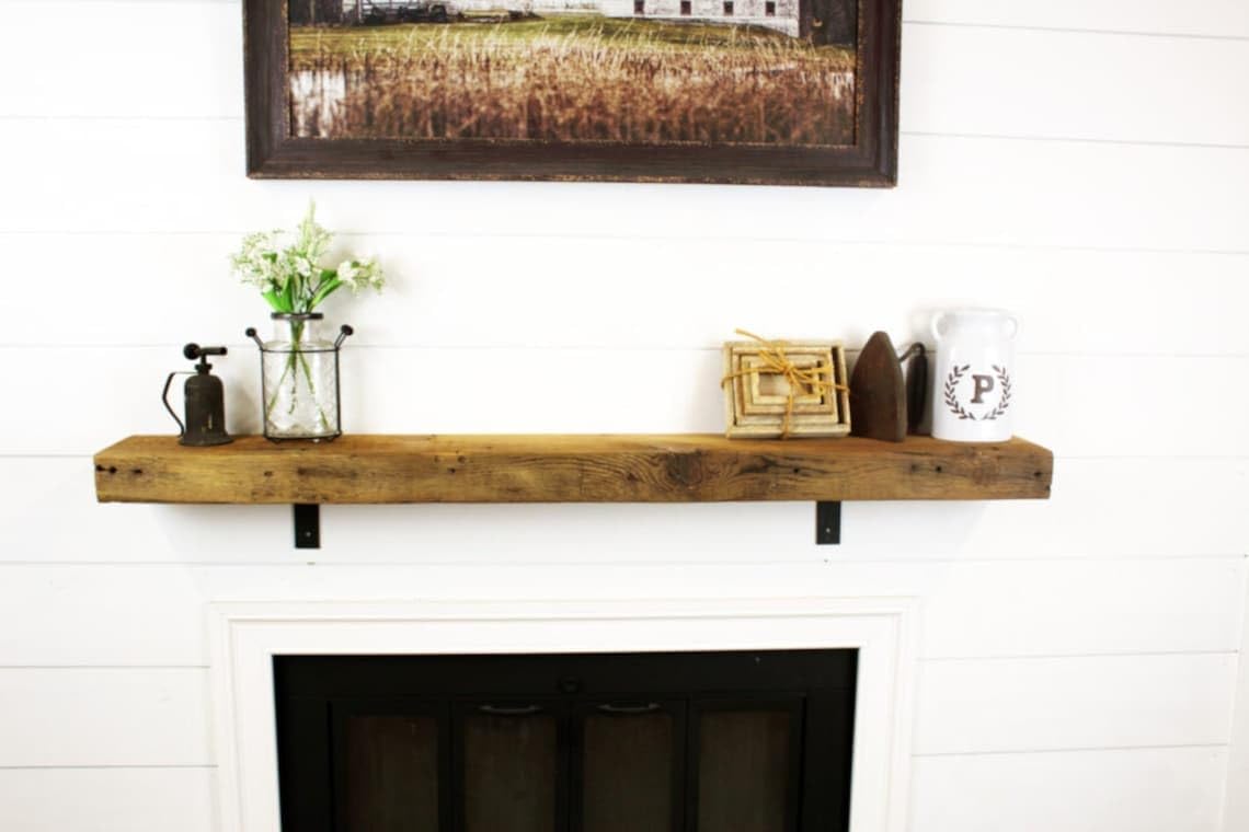 Modern Timber Craft Reclaimed Wood Wall Shelf | Solid Rustic American Barnwood with Steel Floating Shelf Brackets | 2.75" Thickness | 18" L x 5" D, Jacobean, Planed and Sanded