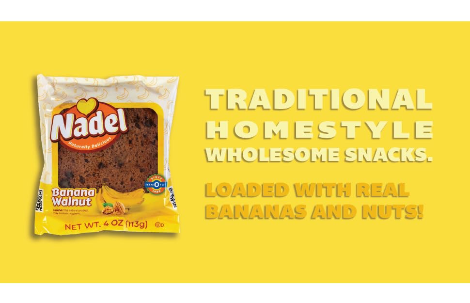 Nadel - Naturally Delicious Banana Nut bread, 4 Pack, Fresh Bananas, Crunchy Walnuts, Lunch snack breakfast bars Natural fresh brand, Cake Slices