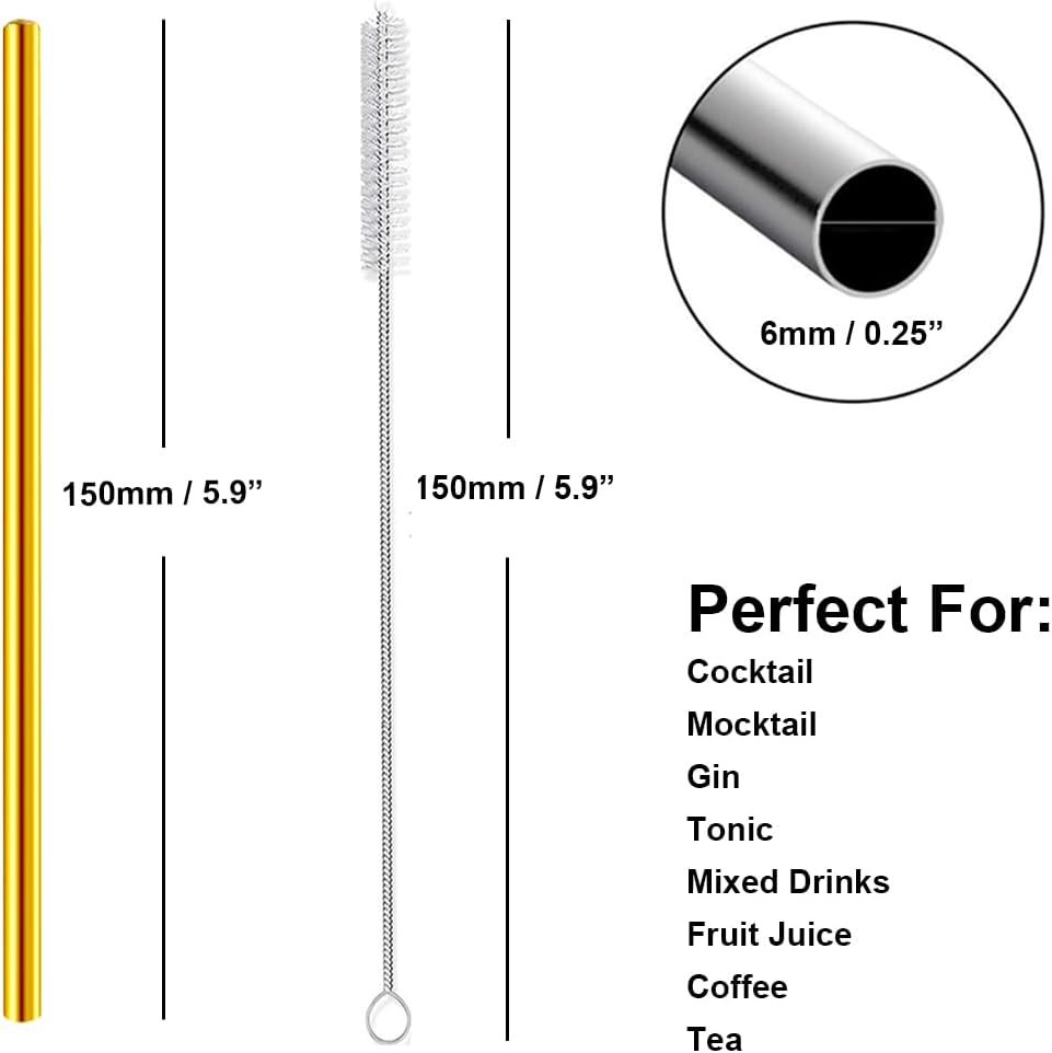 Short Cocktail Straws, Metal Stainless Steel Reusable Straw Small Mini 6 Inch for Cocktails Party Accessories Glasses Mason Jar Tumbler Coffee Juice Tea Mojito with Brush, Gold 16PCS