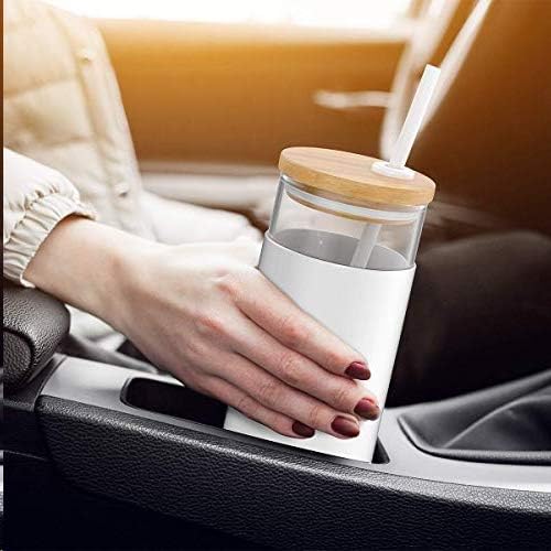 Tronco 20oz Glass Tumbler Glass Water Bottle Straw Silicone Protective Sleeve Bamboo Lid - BPA Free (White Black)