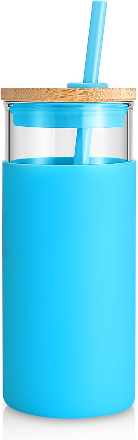 Tronco 20 oz Glass Tumbler with Straw and Lid- Glass Cup with Lid and Straw, Iced Coffee Cup Reusable, Smoothie Cups, Bamboo Lid and Protective Silicone Sleeve - BPA-Free