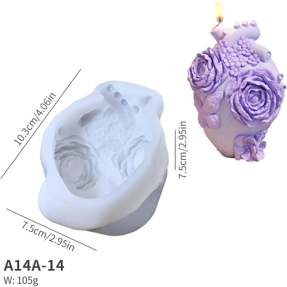 Anatomical Heart Silicone Resin Mold for Candle Soap – 3D Floral Human Organ Mold with Roses and Butterfly for Aromatherapy Wax Crafts DIY Gothic Romantic Gifts