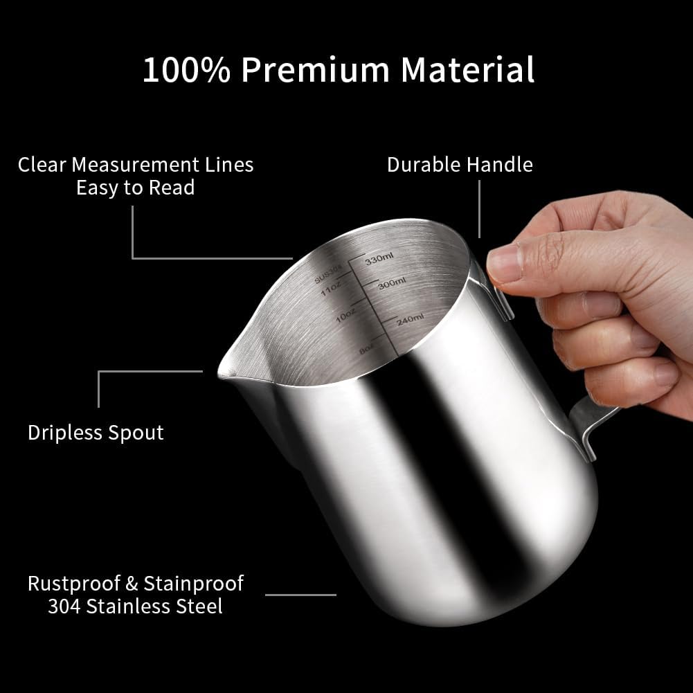 watchget Milk Frothing Pitcher 350ml/600ml/900ml/1500ml (12oz/20oz/32oz/52oz) - Stainless Steel Espresso Steaming Pitcher for Cappuccino, Latte Art, Milk Jug Coffee Frother Cup, Silver