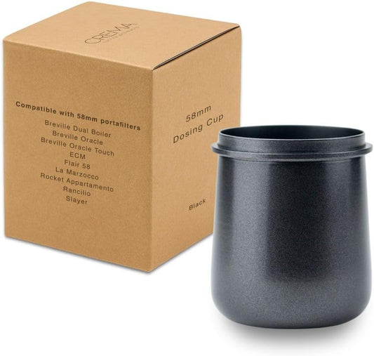 Crema Coffee Products 58mm Dosing Cup | Compatible with Breville Portafilters etc | Durable 100% Stainless Steel | Built-In Grinder Tab for Easy Transfer | Sleek, Mess-Free Design | Black Finish